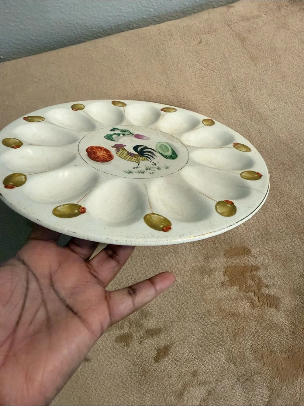 Vintage Rooster Deviled Egg Platter with Olive Motif